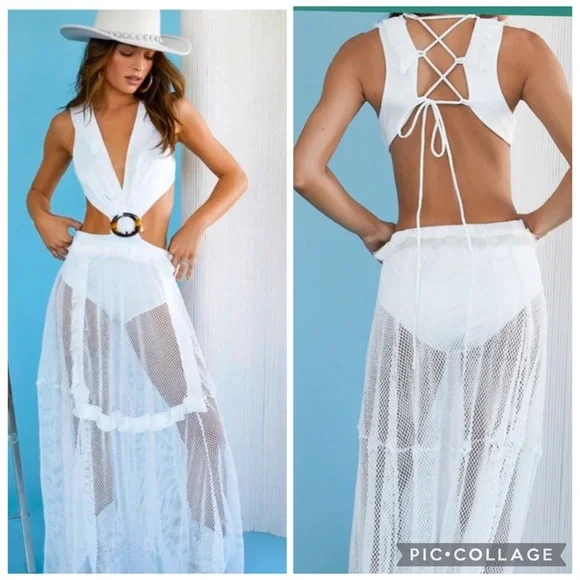 12th Tribe Helena White Mesh Cutout Laceup Back Maxi Dress Size - Picture 16 of 16